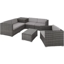 Tectake - Loungeset Pisa Met Opbergbox Kussens - Wicker - Grijs